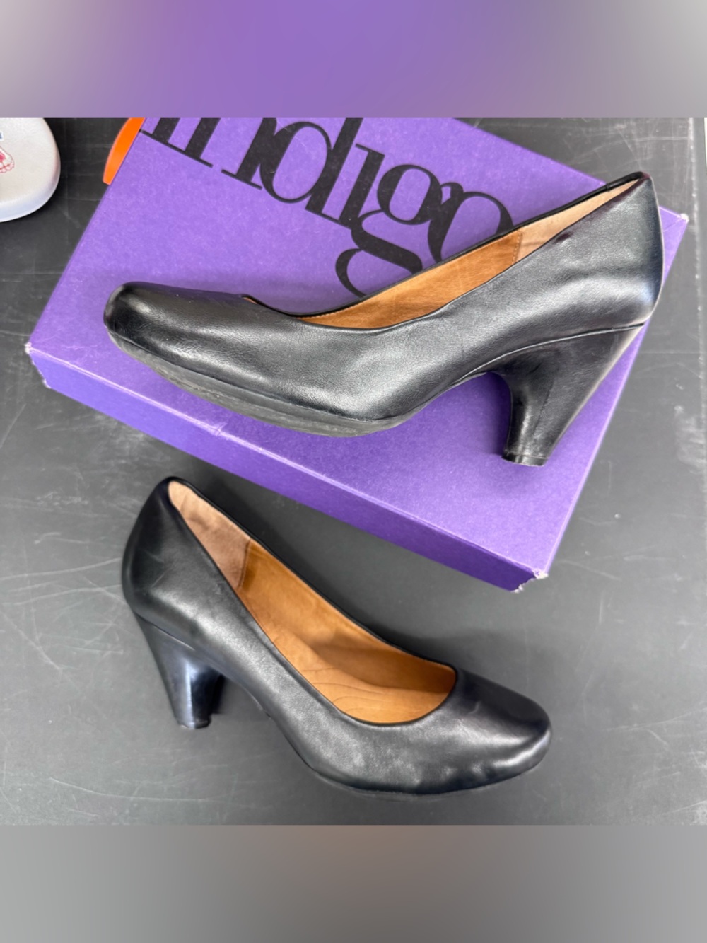 Indigo Black Leather Mid Heel Pumps